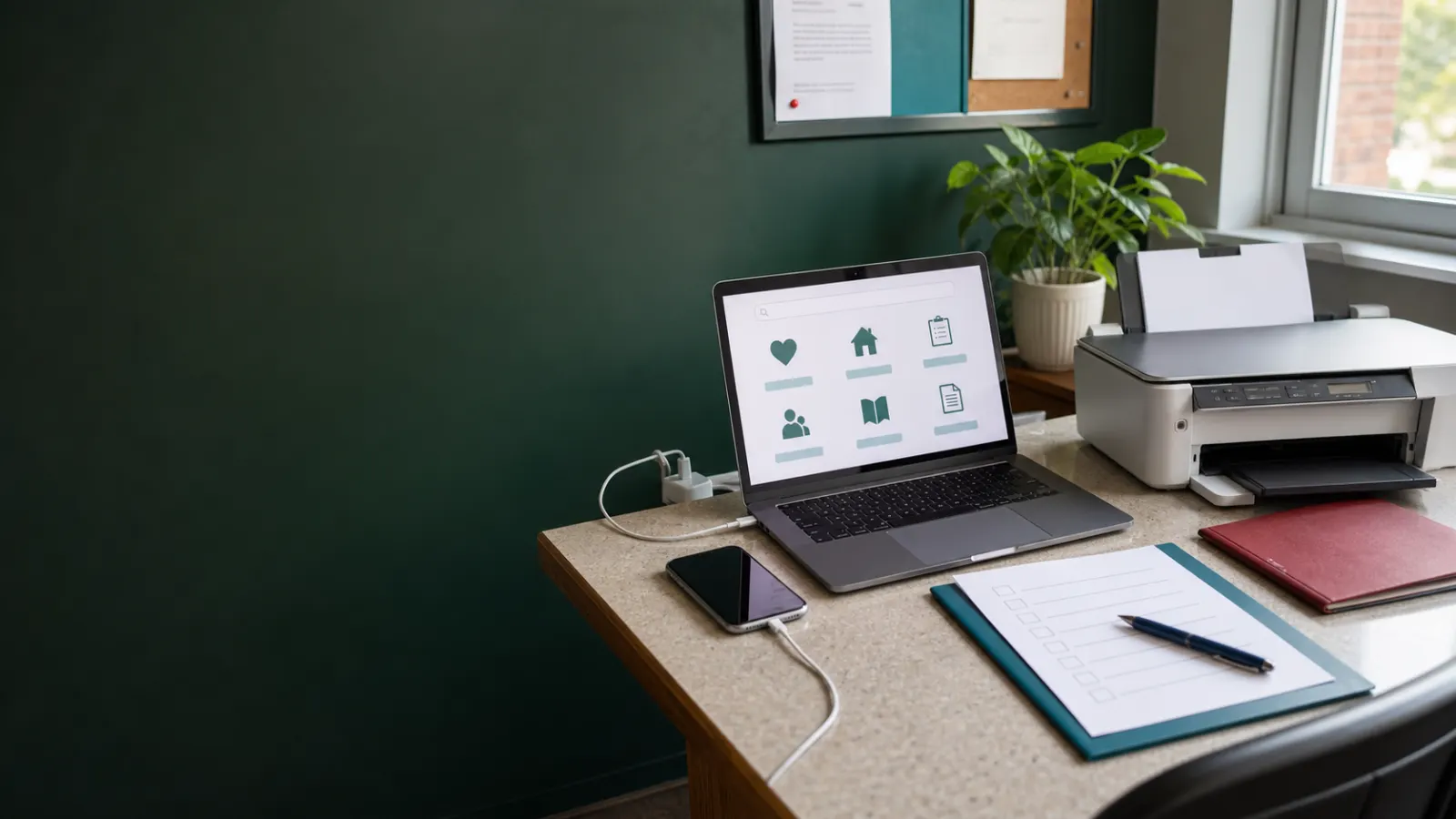 Desk with a laptop, printer, phone, charging cable, and form checklist.
