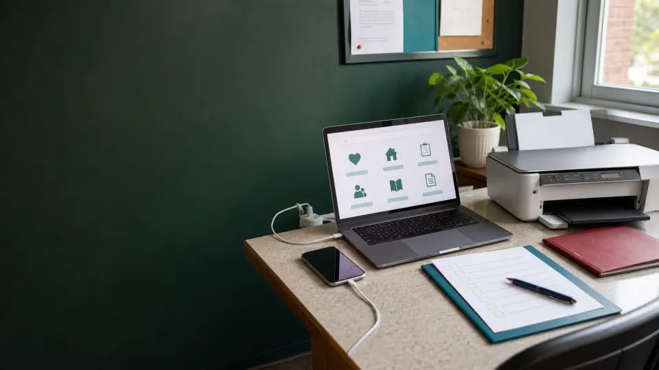 A laptop, phone, and form checklist ready for practical technology and paperwork help.